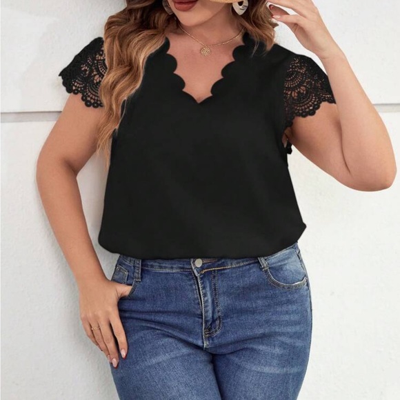 Plus Size Sheer Lace Sleeve Scallop Trim Top Blouse Shirt White - Picture 7 of 16